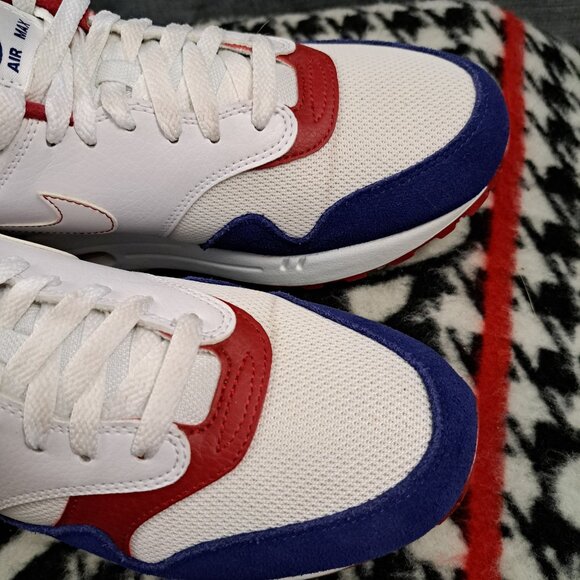 %Size 9.5 Nike Air Max 1 White Royal Blue Red White Men USA CJ9927-100  A 10